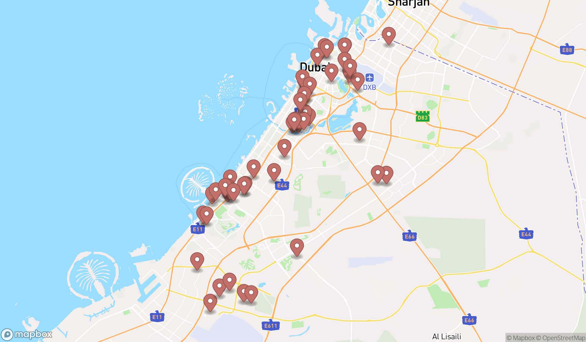 Map showing the search results in Dubai