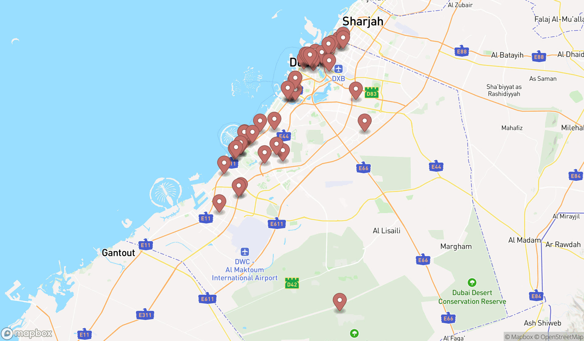 Map showing the search results in Dubai