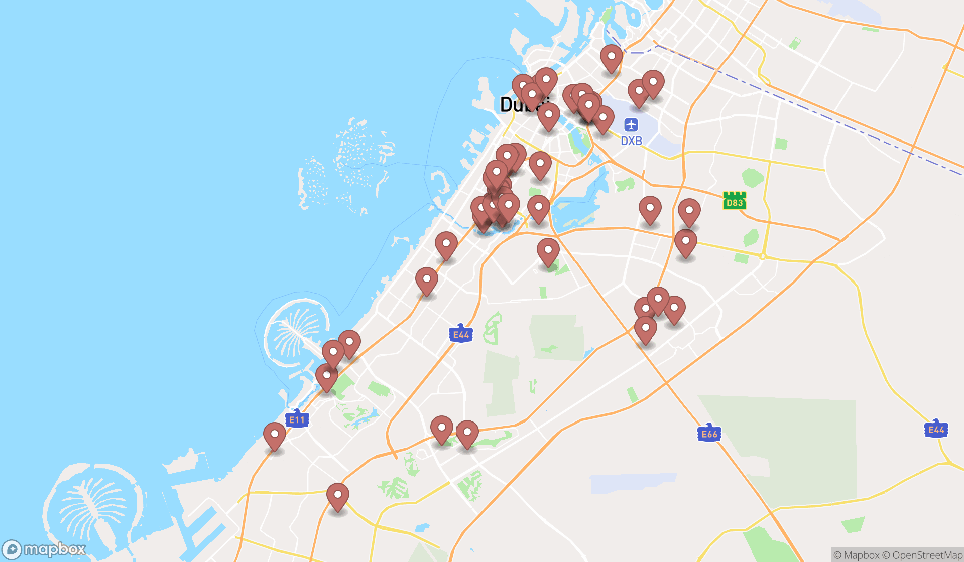 Map showing the search results in Dubai