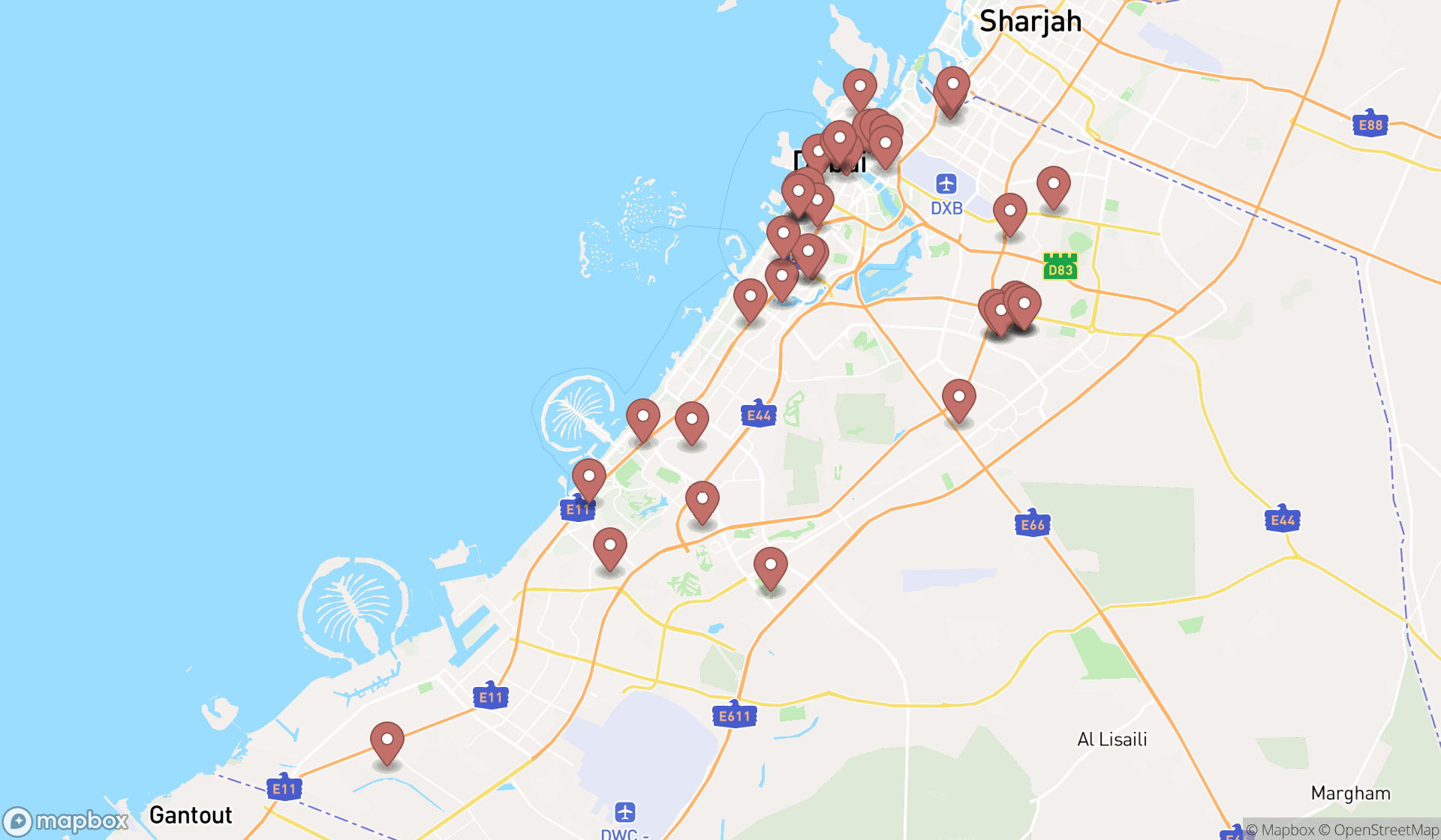 Map showing the search results in Dubai