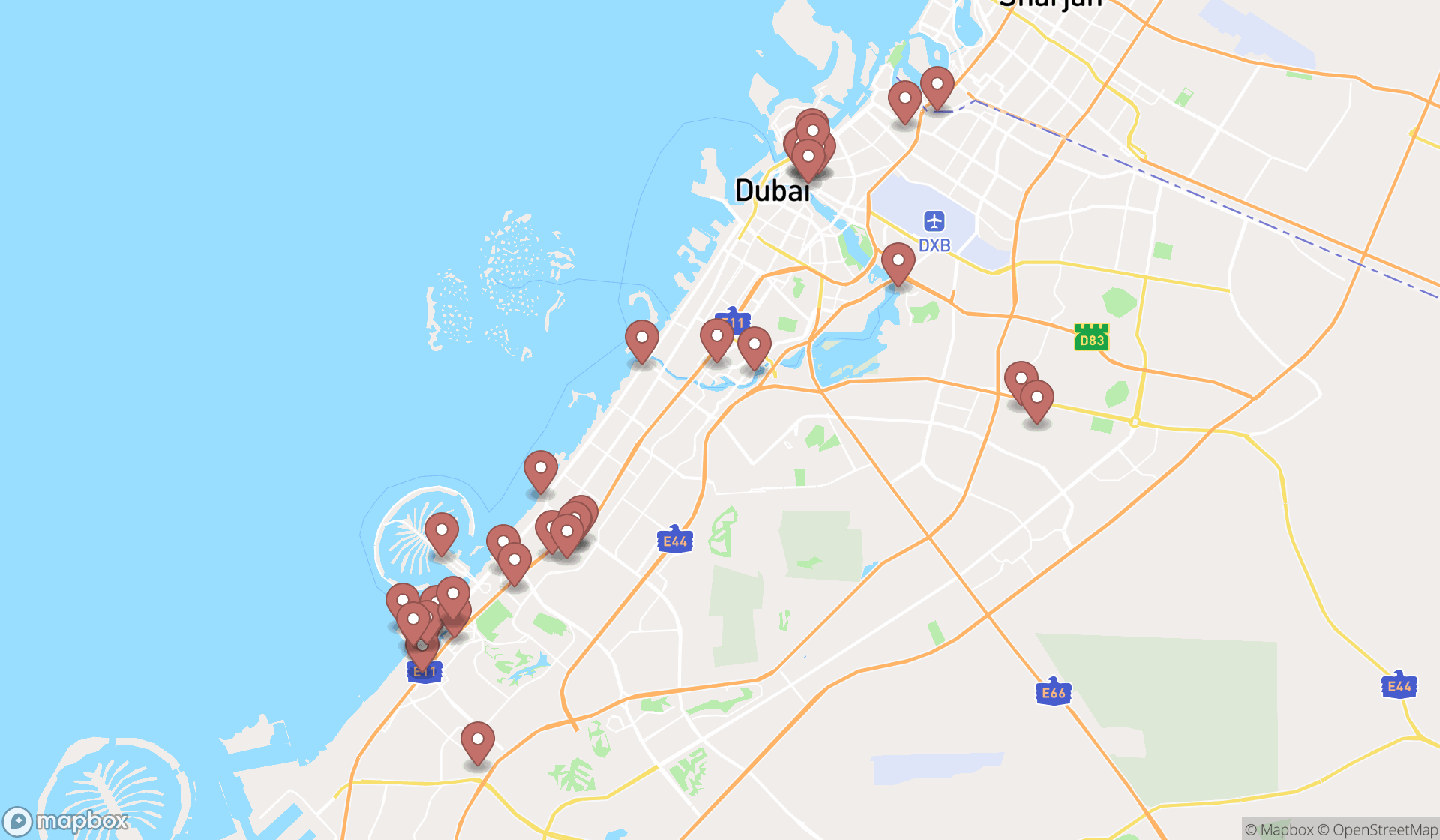Map showing the search results in Dubai