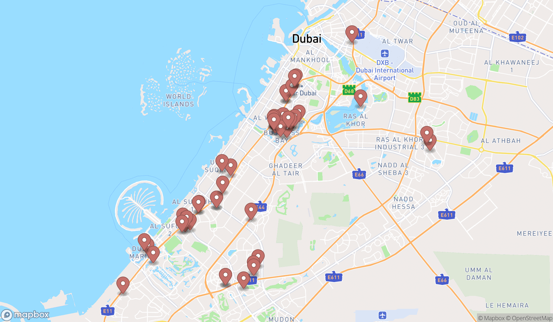 Map showing the search results in Dubai