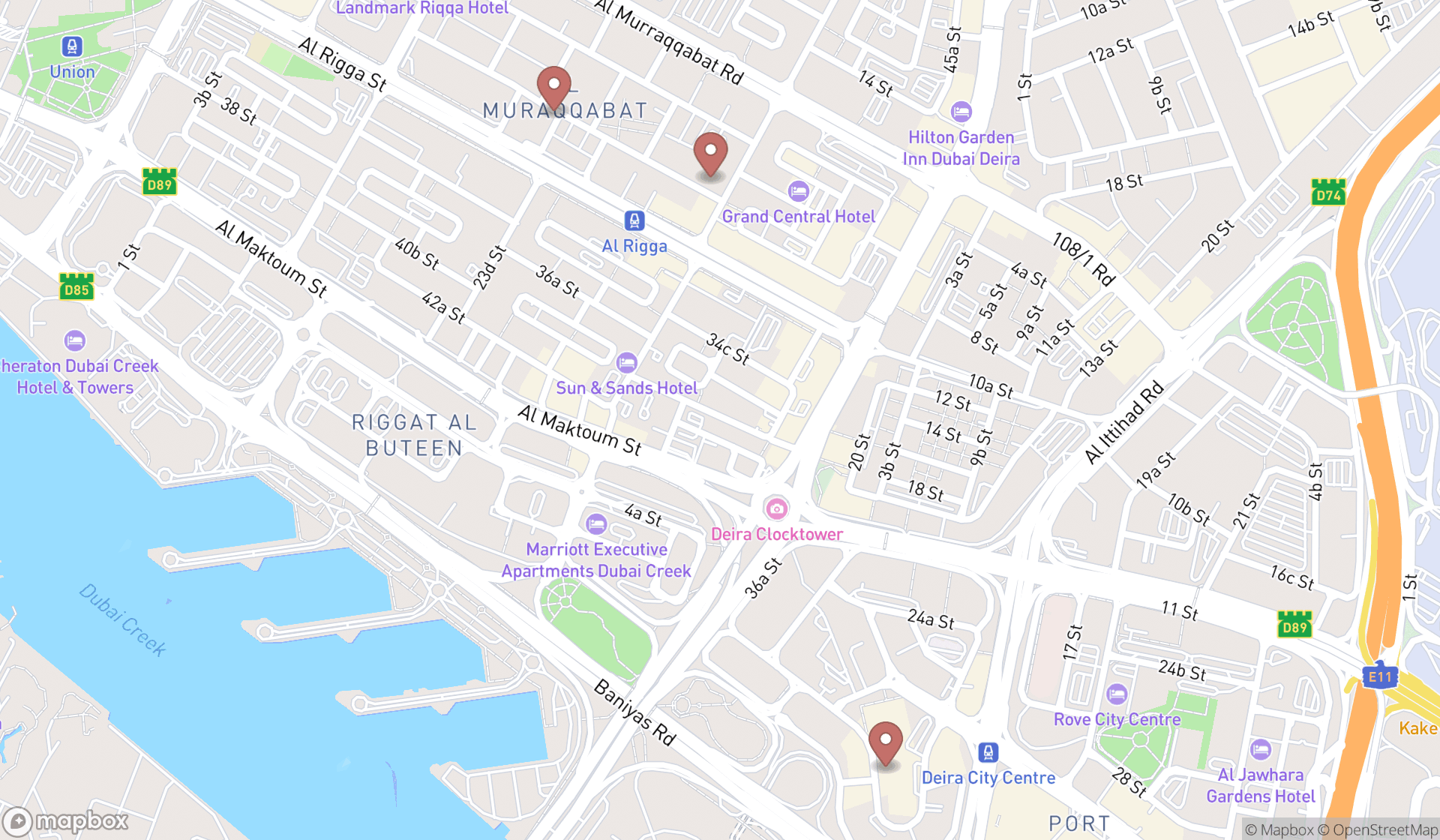 Map showing the search results in Dubai