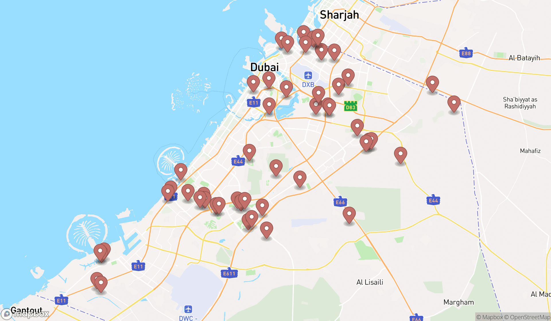 Map showing the search results in Dubai