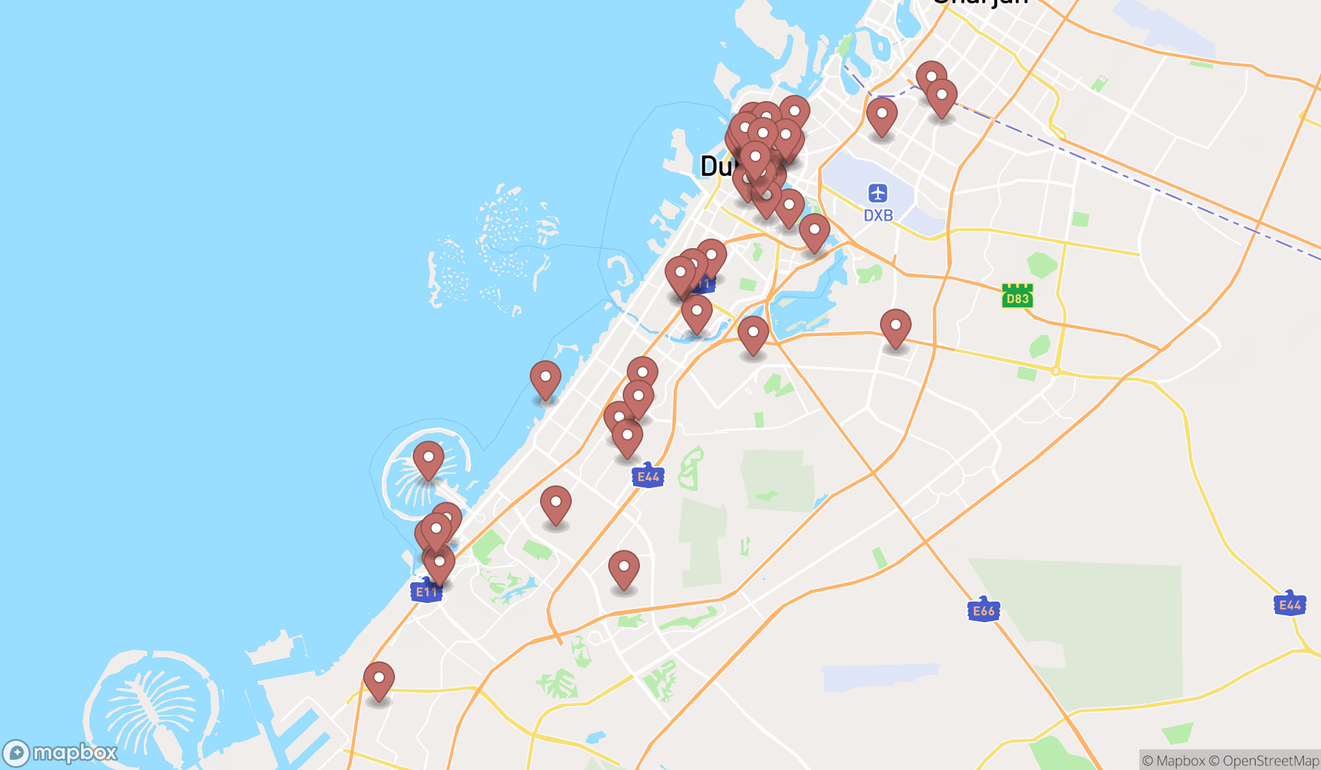 Map showing the search results in Dubai