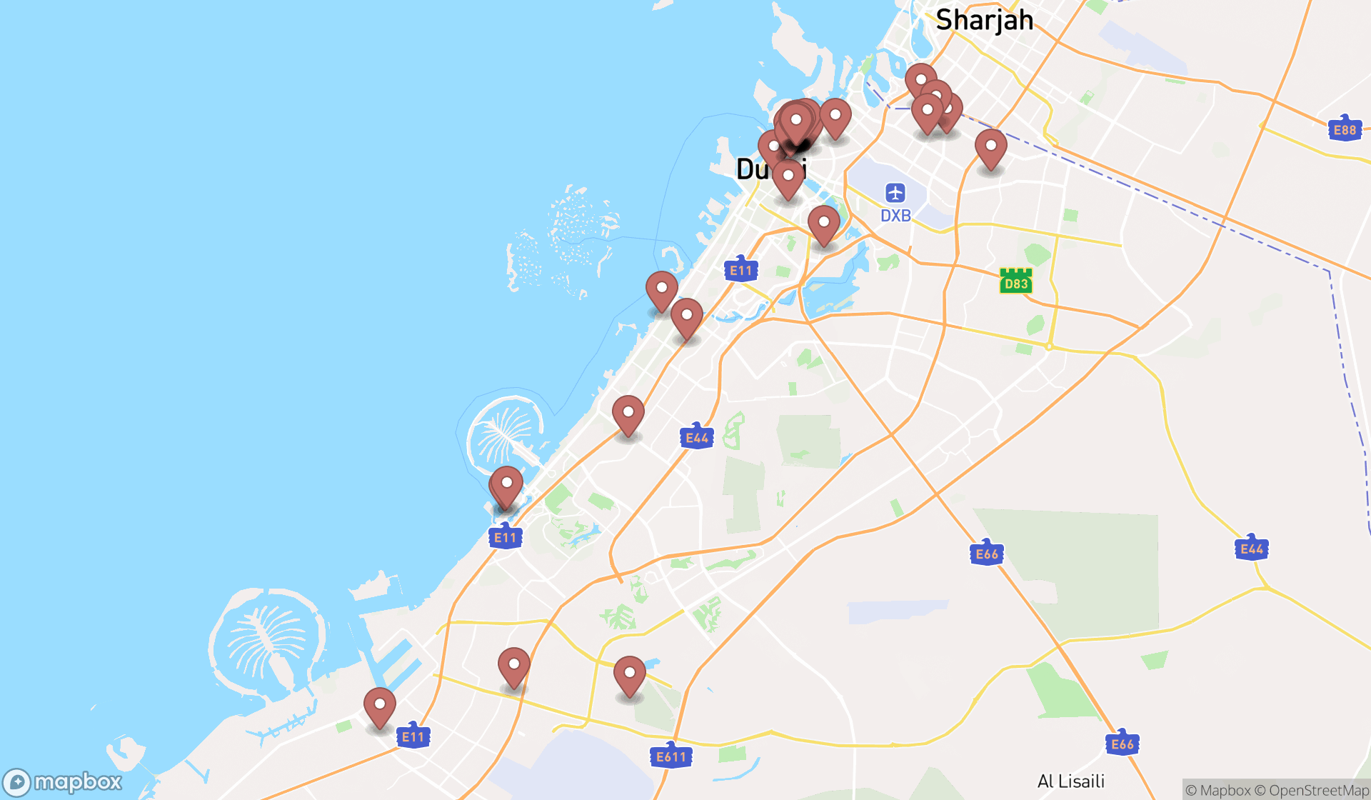 Map showing the search results in Dubai