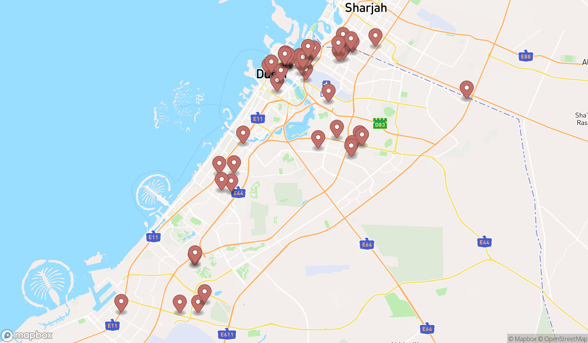 Map showing the search results in Dubai