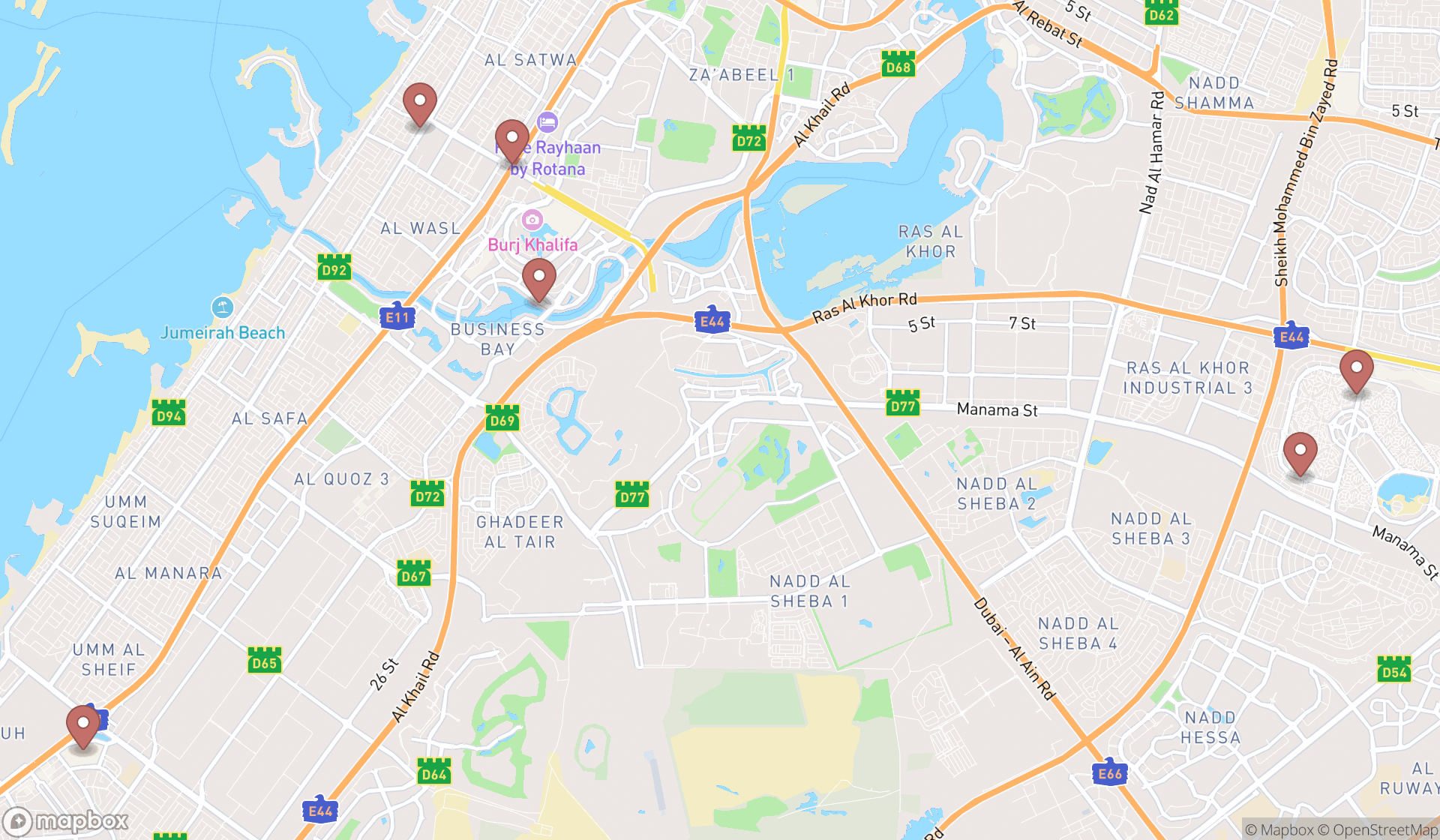 Map showing the search results in Dubai