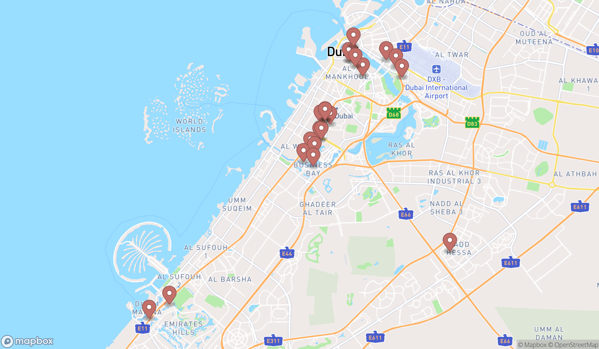 Map showing the search results in Dubai