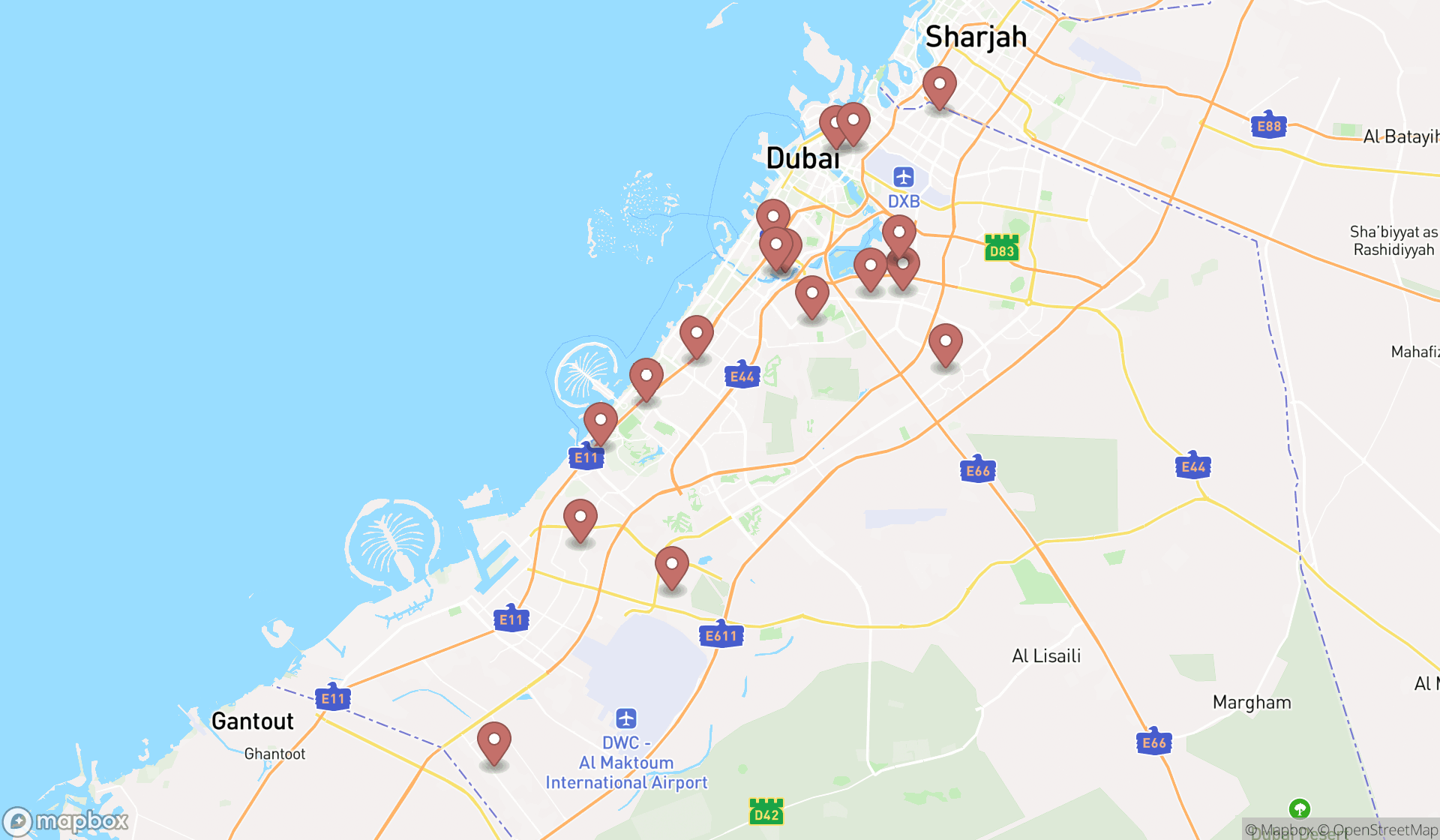 Map showing the search results in Dubai