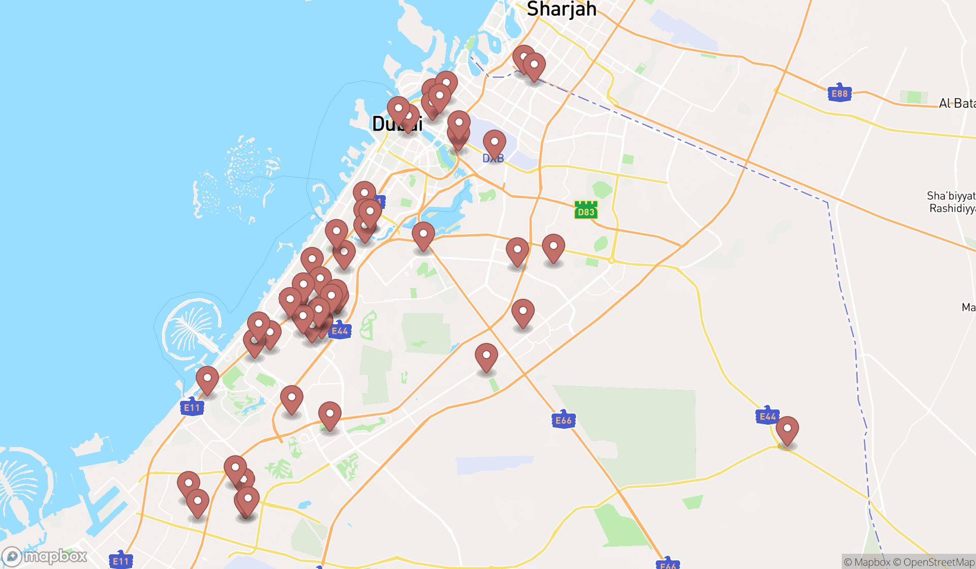 Map showing the search results in Dubai