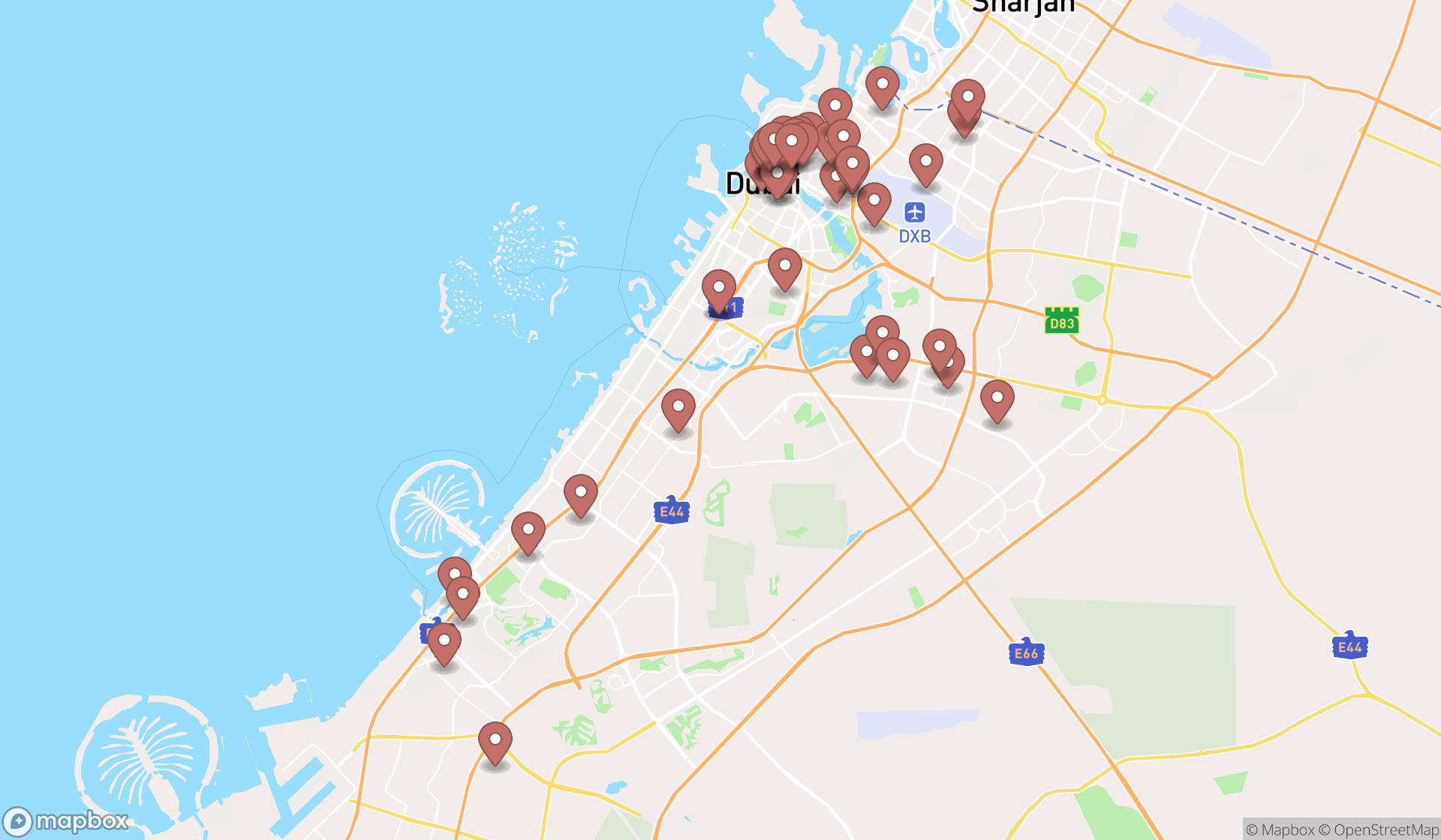 Map showing the search results in Dubai
