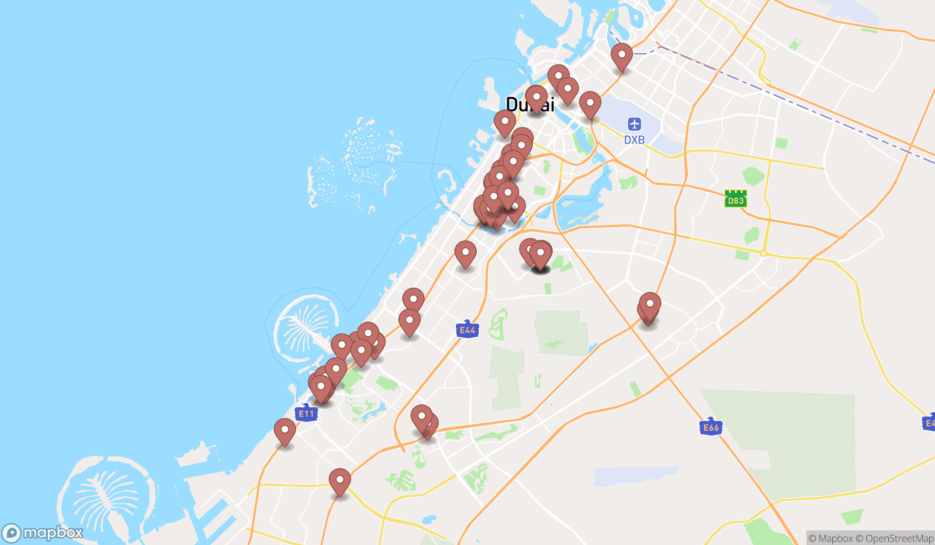 Map showing the search results in Dubai