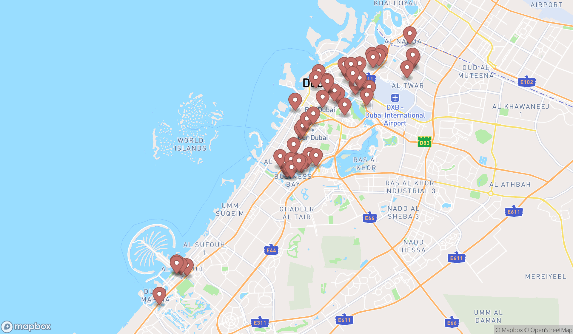 Map showing the search results in Dubai