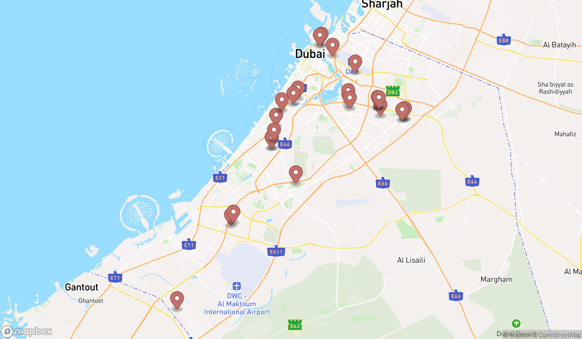 Map showing the search results in Dubai