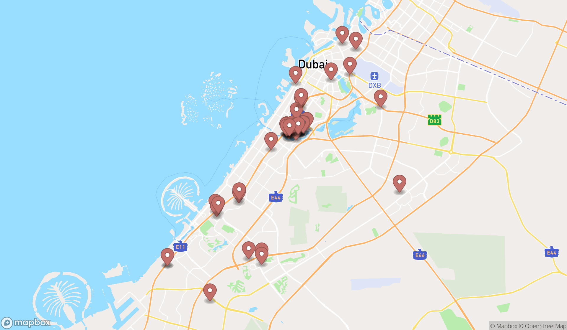 Map showing the search results in Dubai