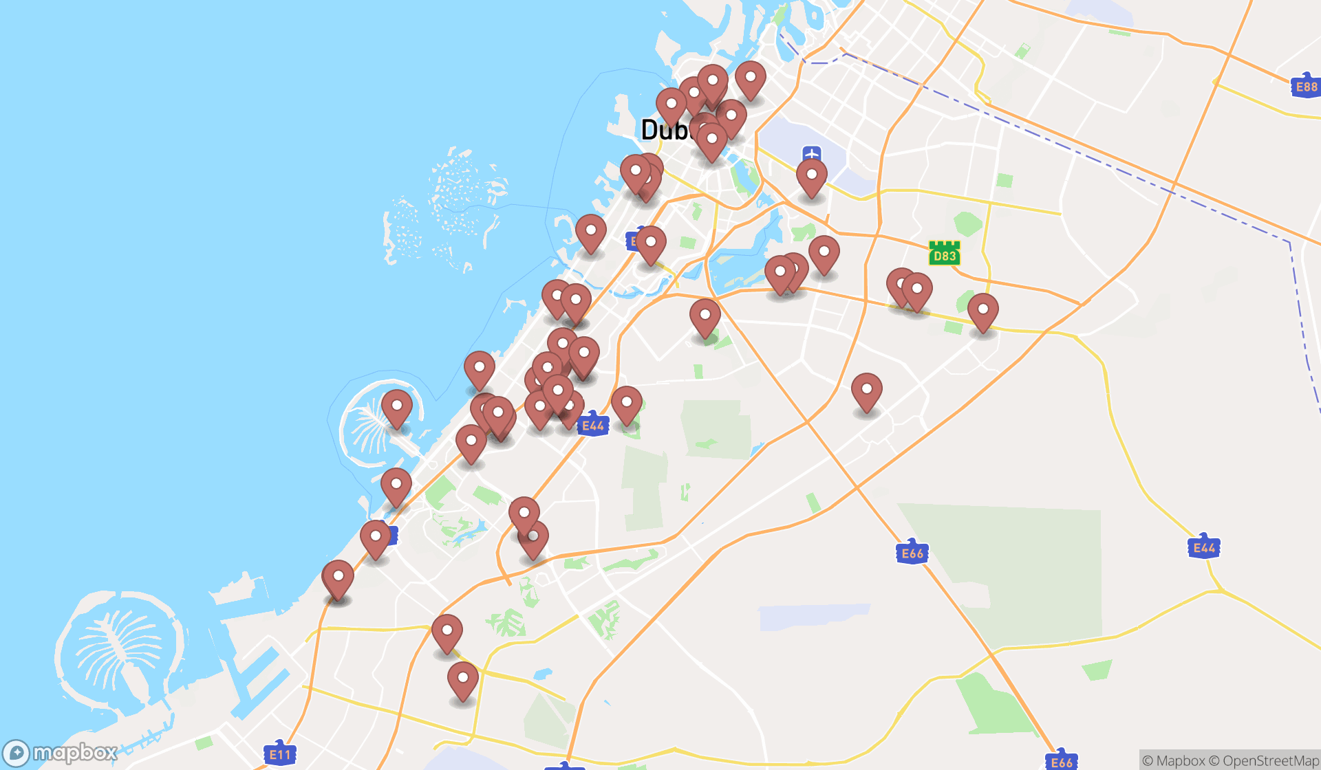 Map showing the search results in Dubai