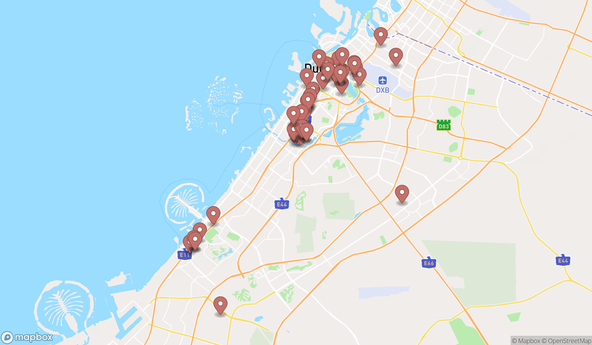 Map showing the search results in Dubai