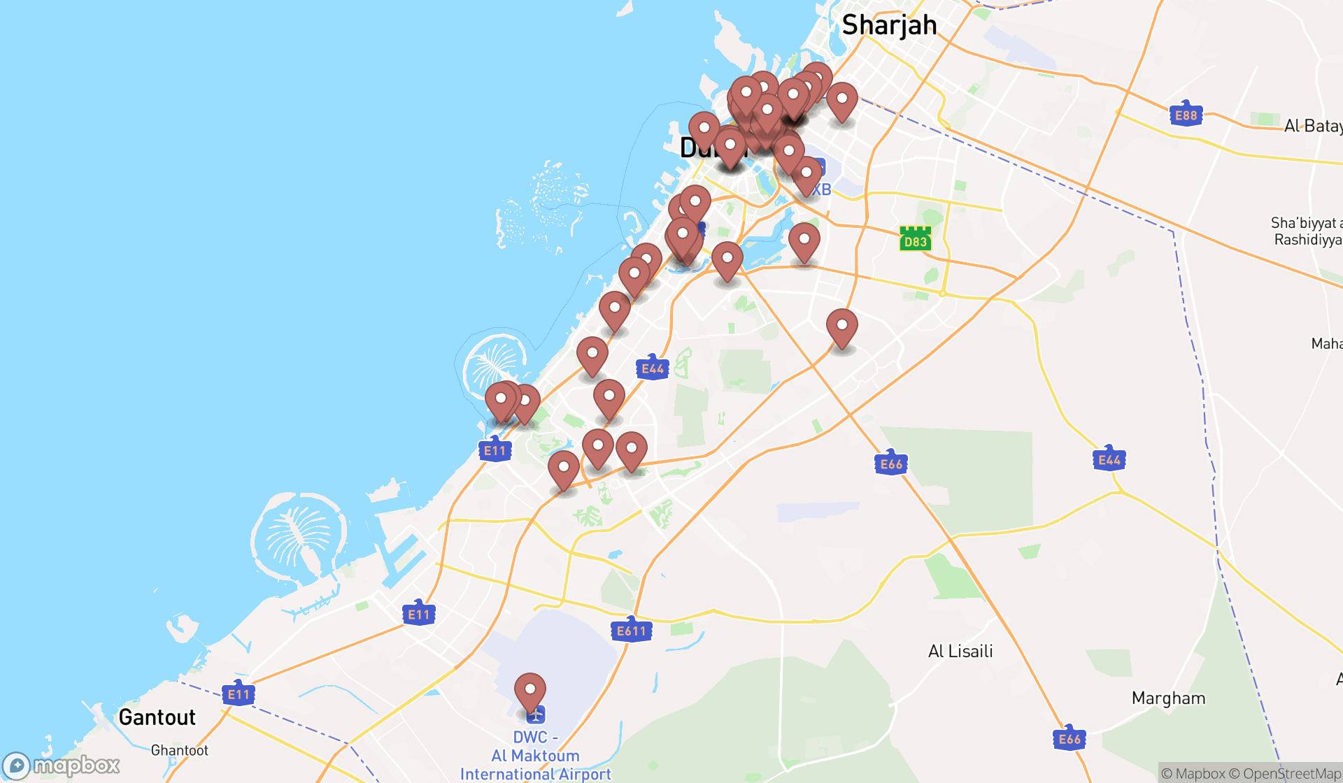Map showing the search results in Dubai