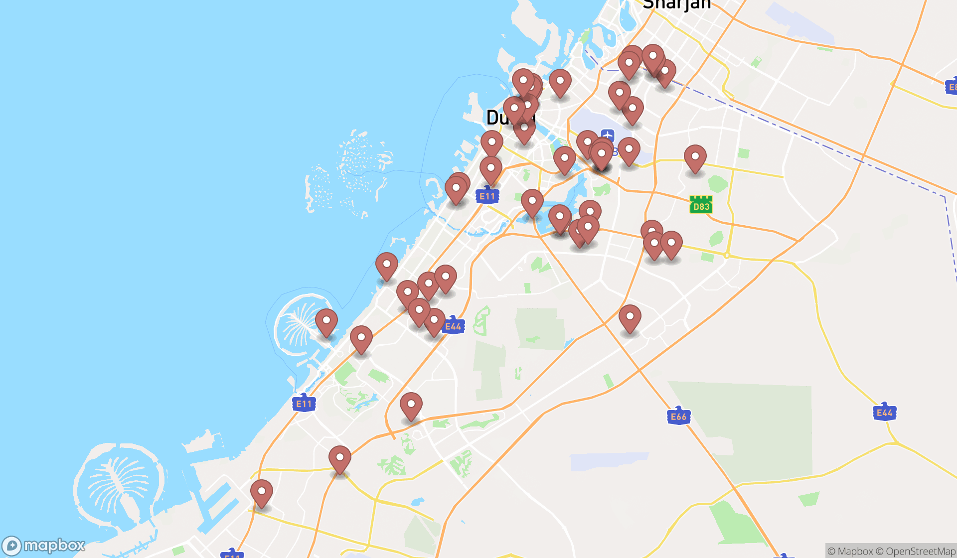 Map showing the search results in Dubai