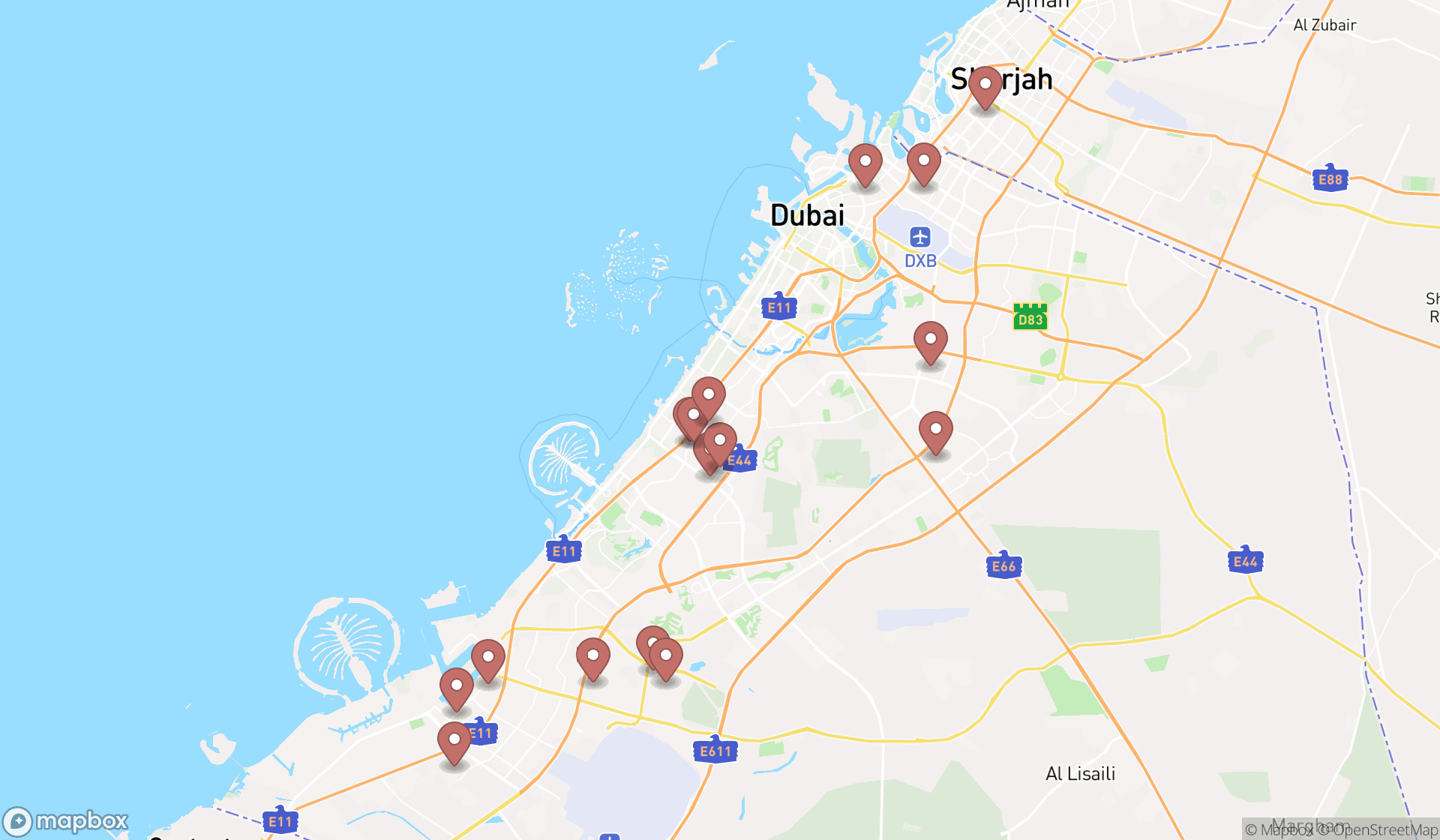 Map showing the search results in Dubai
