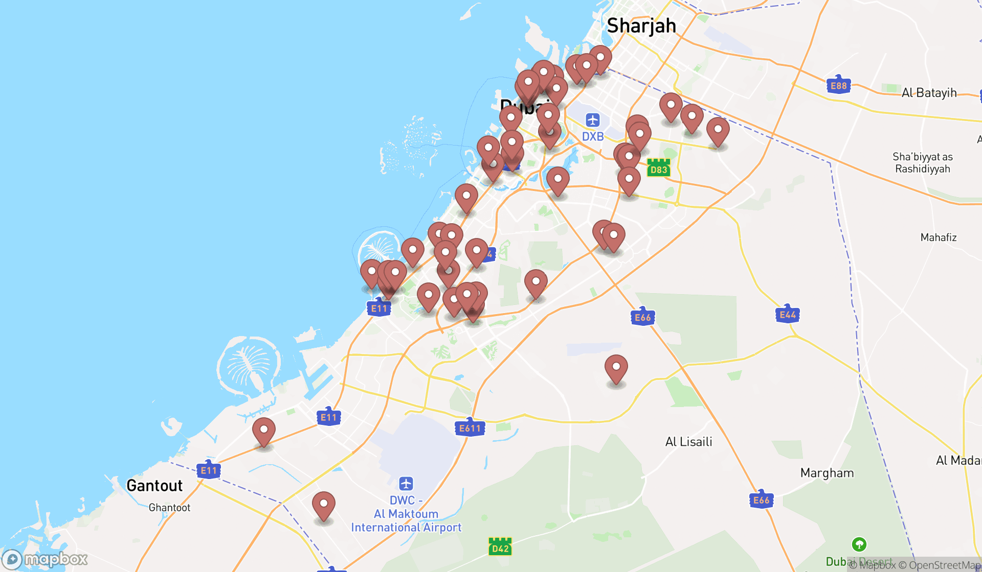 Map showing the search results in Dubai