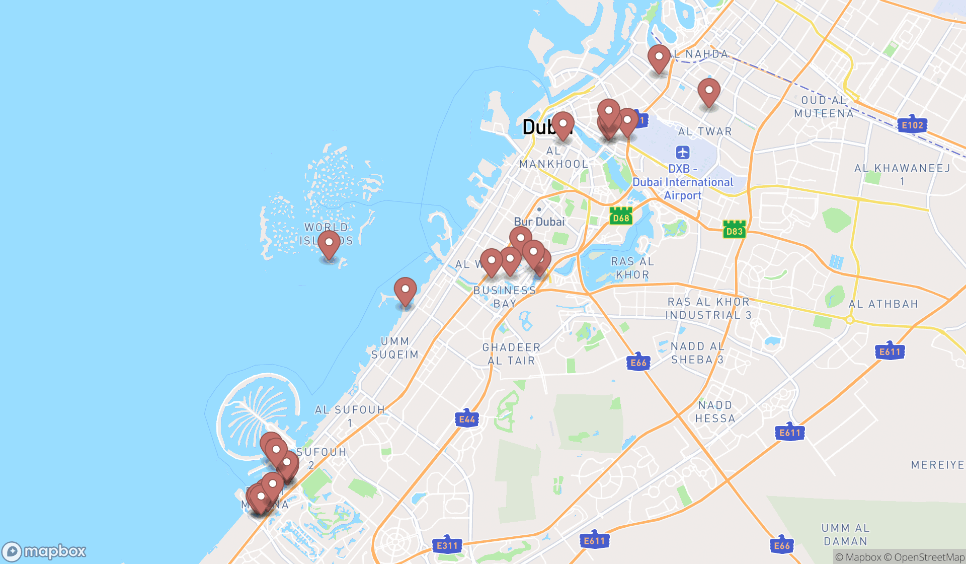 Map showing the search results in Dubai