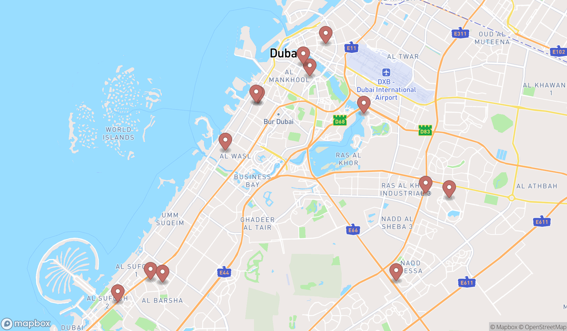 Map showing the search results in Dubai