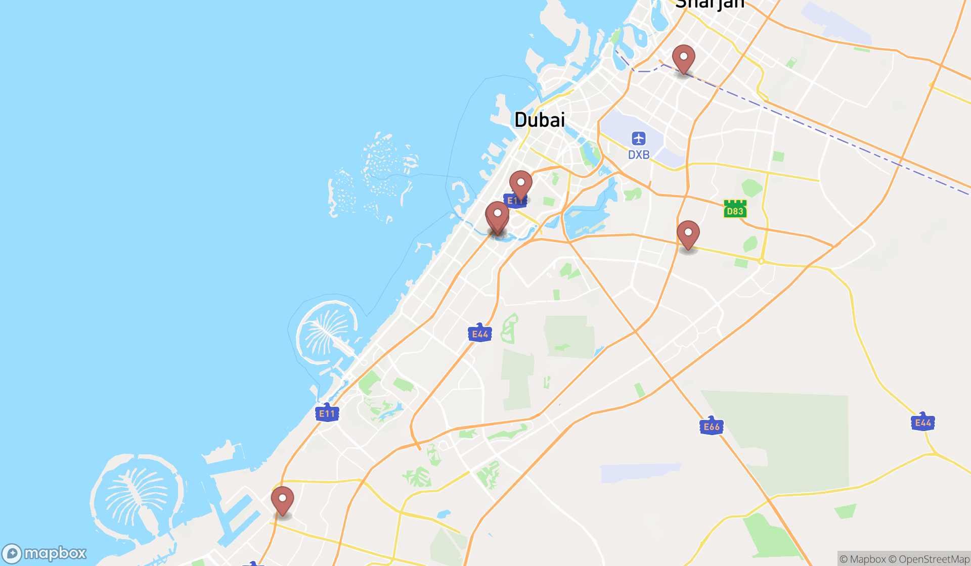Map showing the search results in Dubai