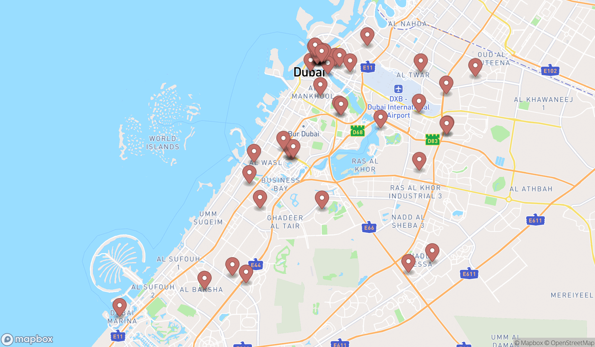 Map showing the search results in Dubai