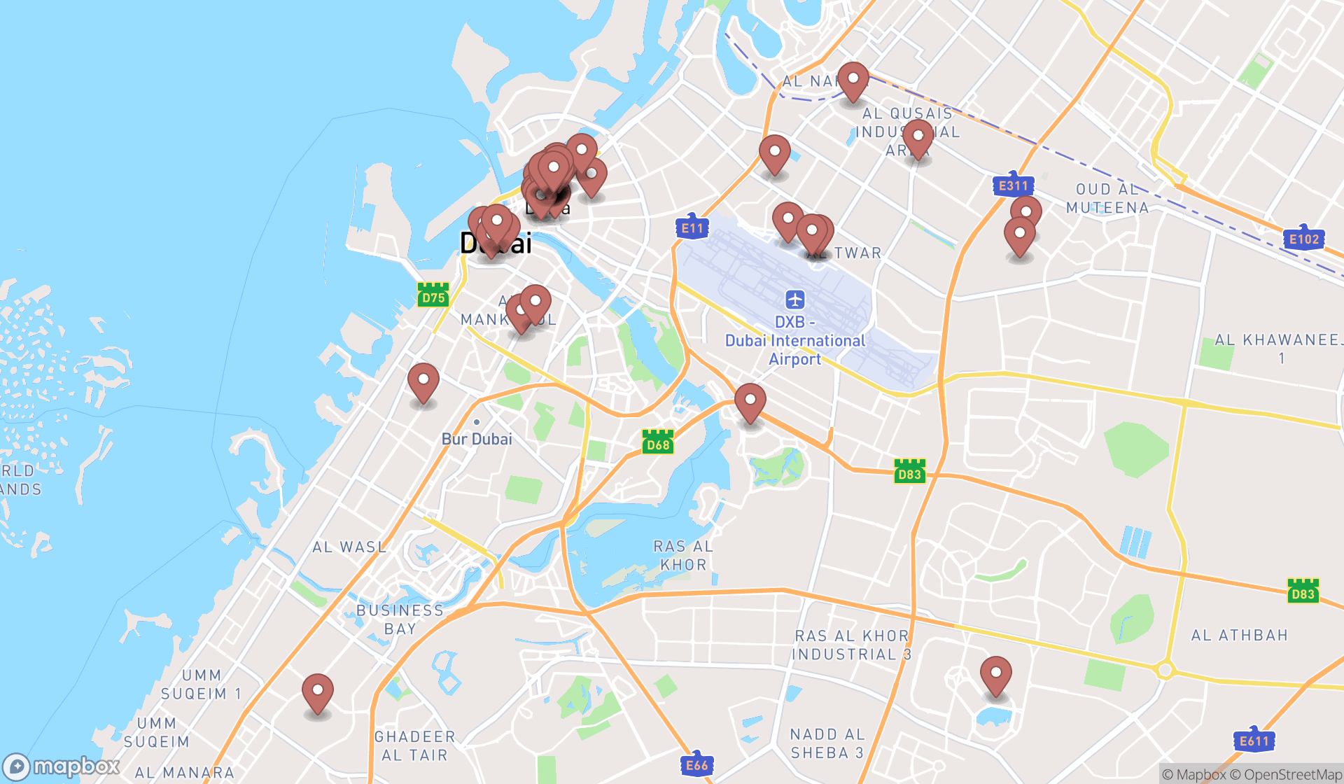 Map showing the search results in Dubai
