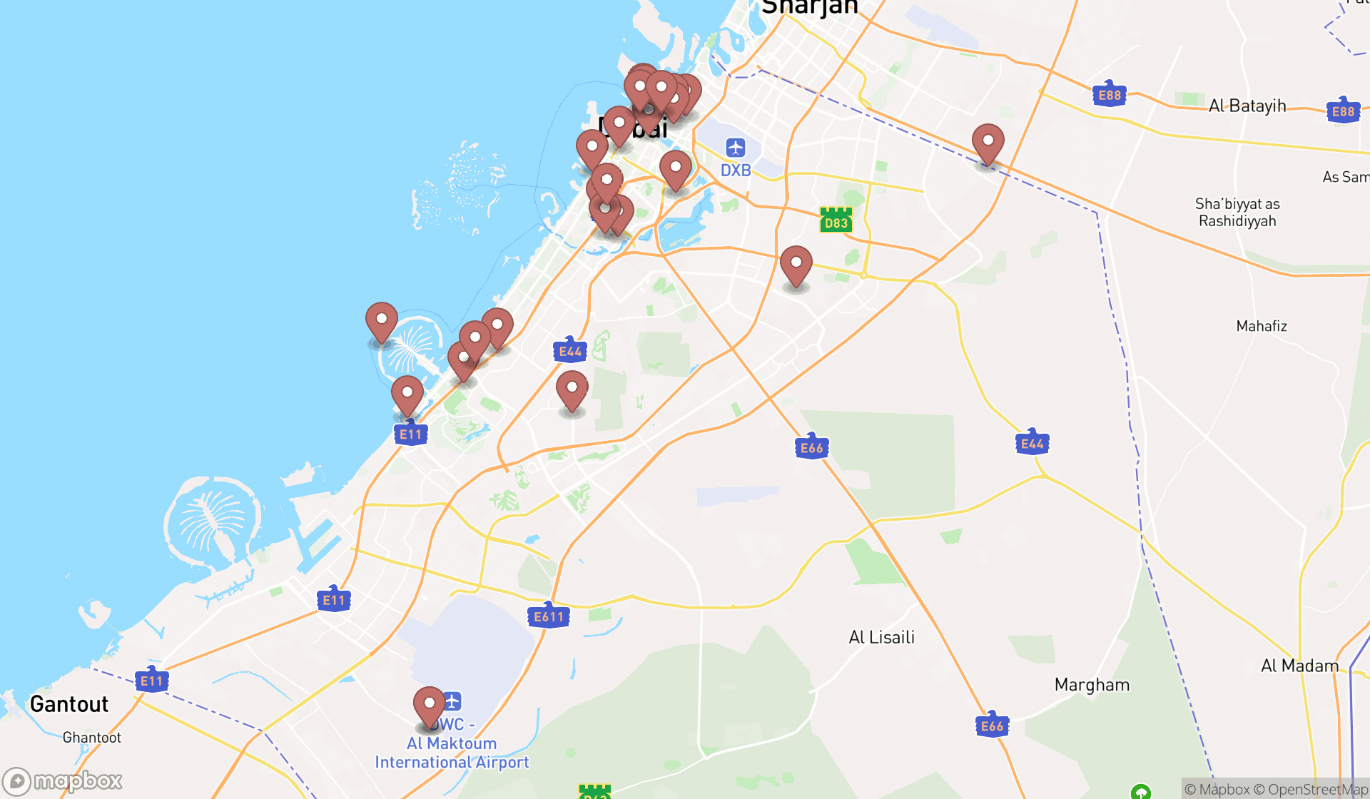 Map showing the search results in Dubai