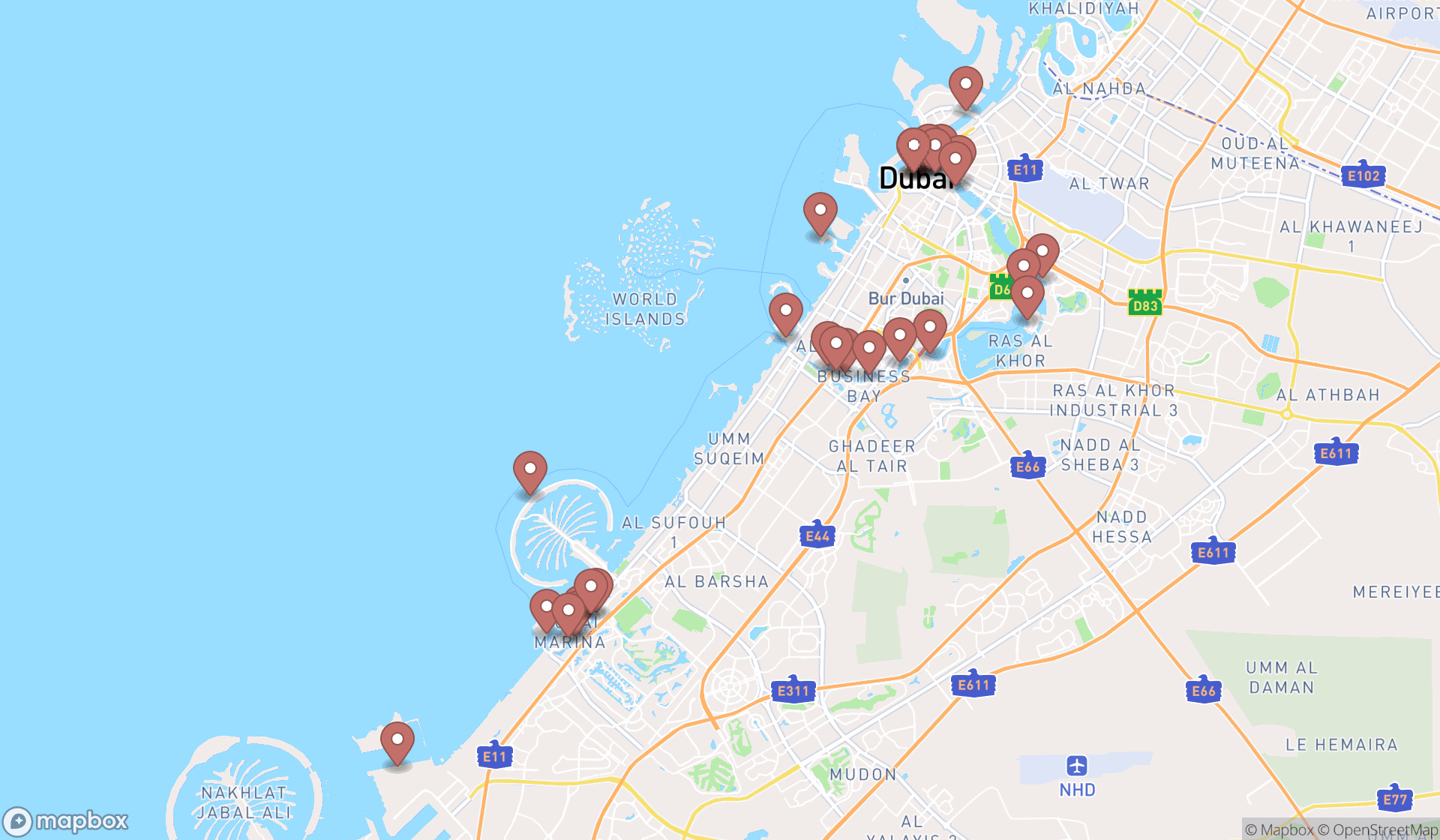 Map showing the search results in Dubai