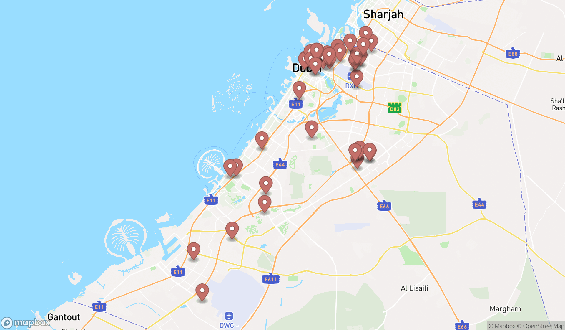 Map showing the search results in Dubai