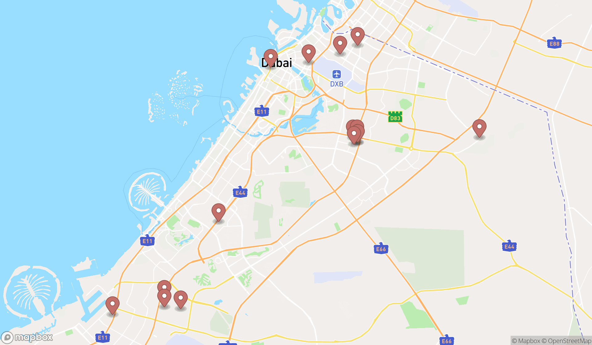 Map showing the search results in Dubai