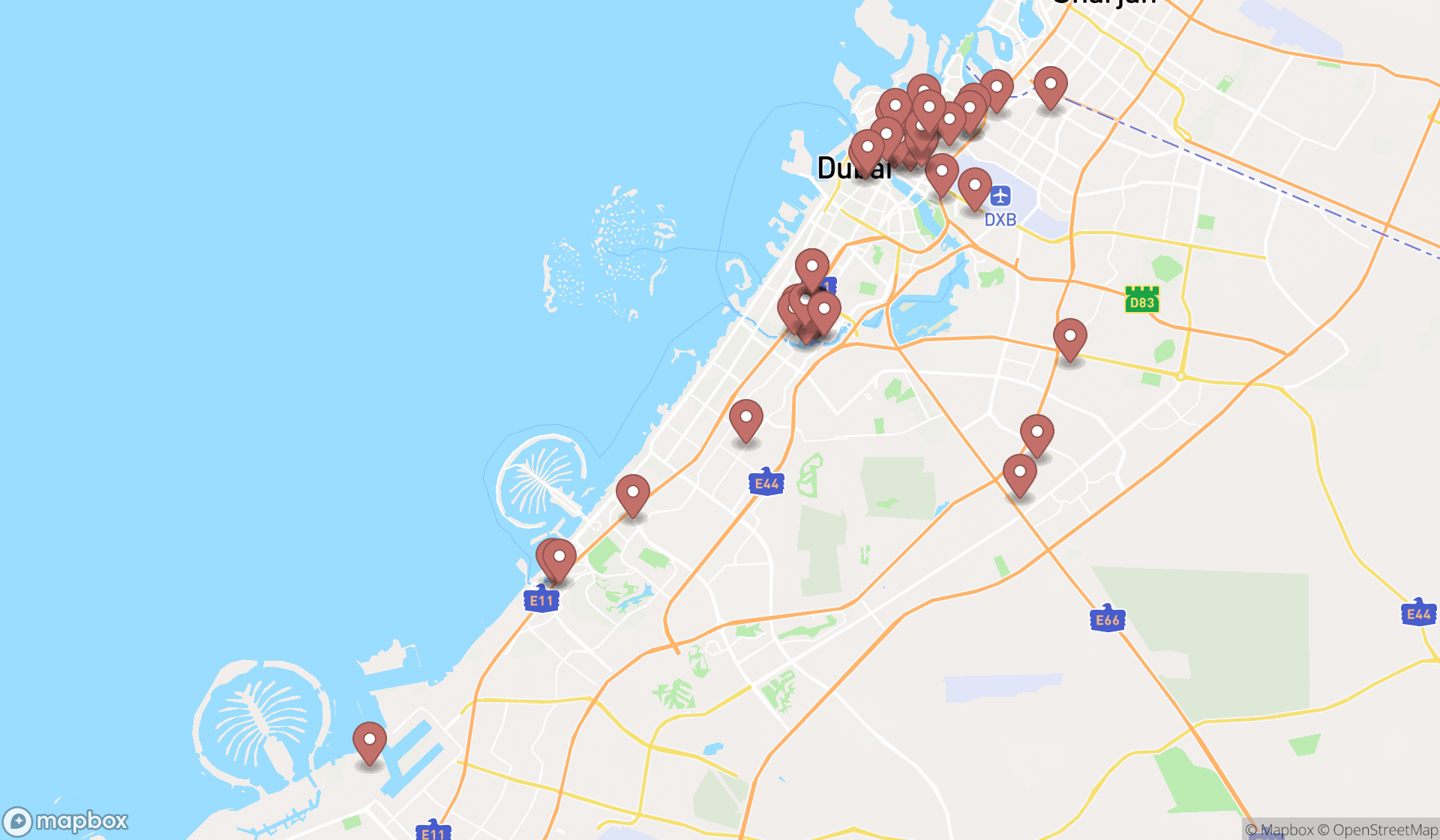 Map showing the search results in Dubai