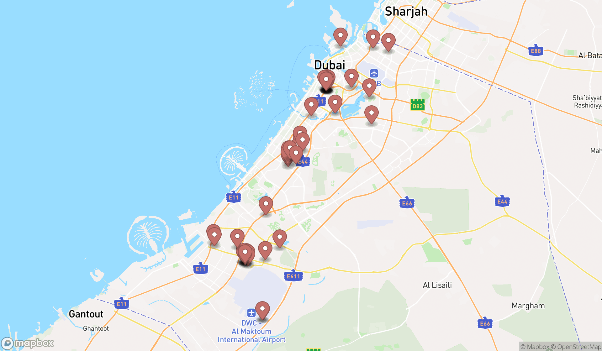Map showing the search results in Dubai
