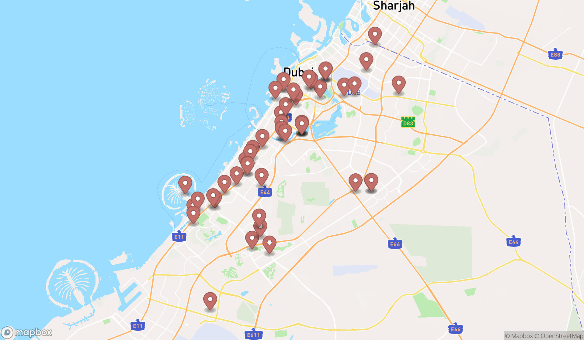 Map showing the search results in Dubai