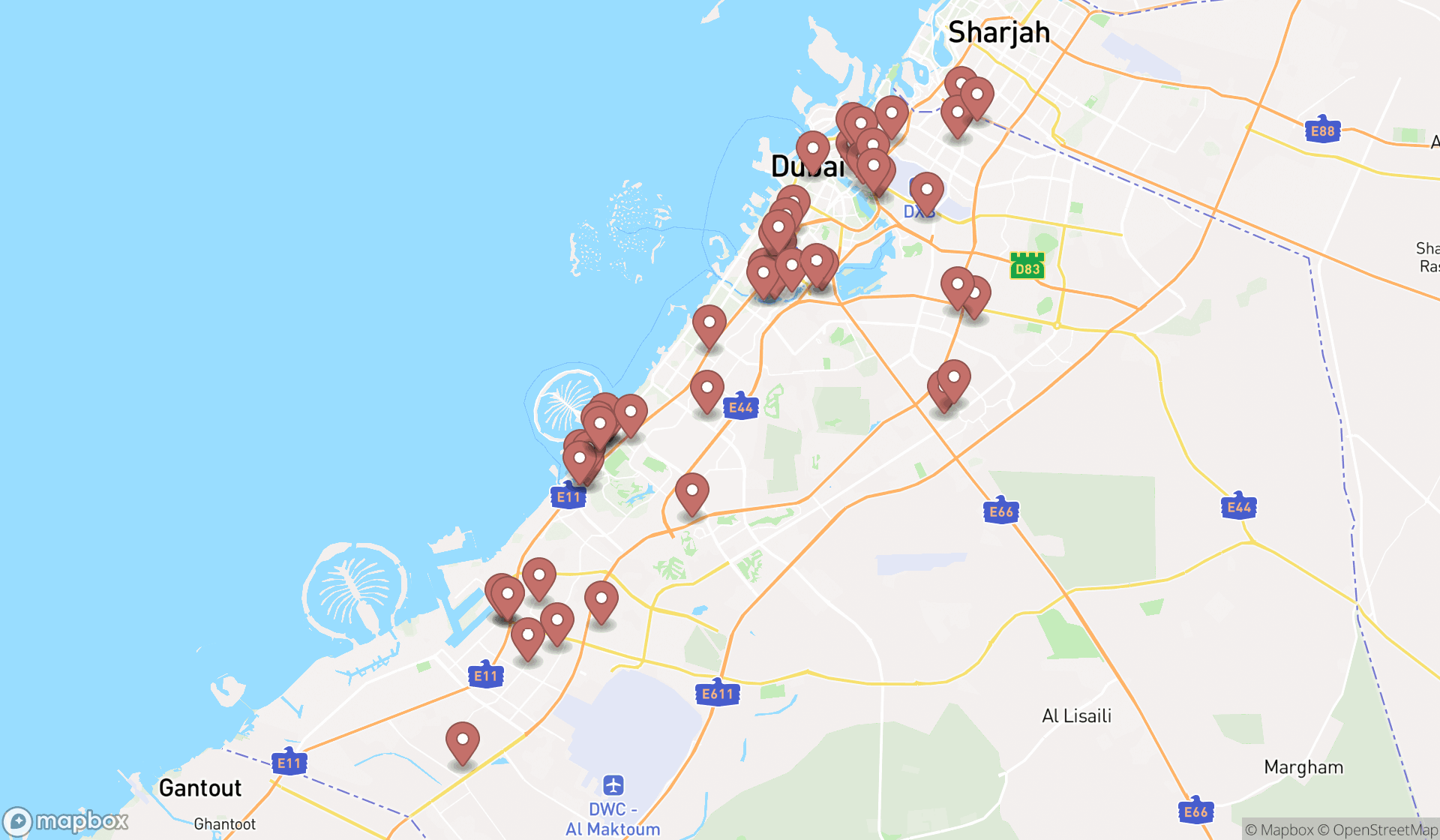 Map showing the search results in Dubai