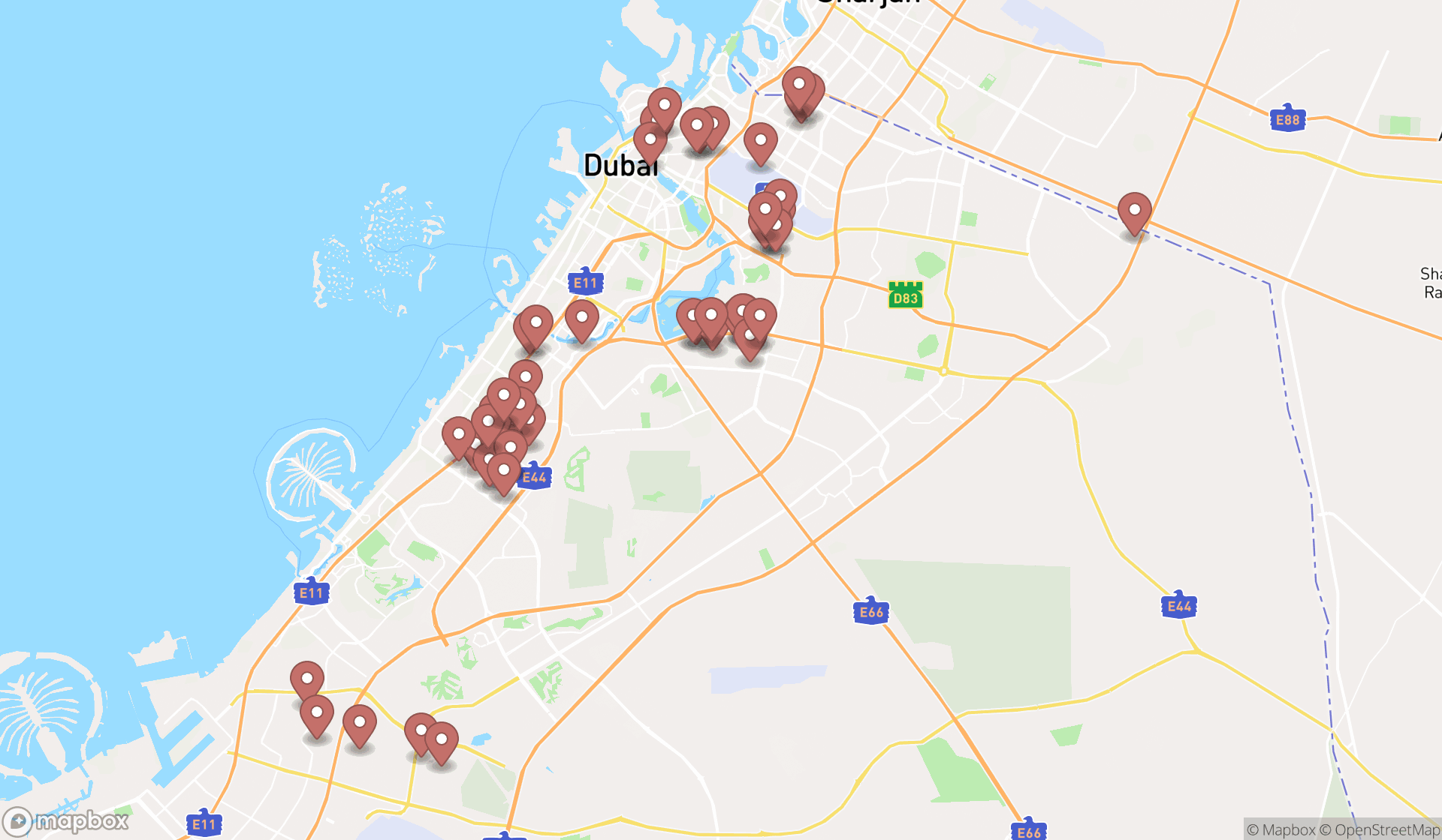 Map showing the search results in Dubai