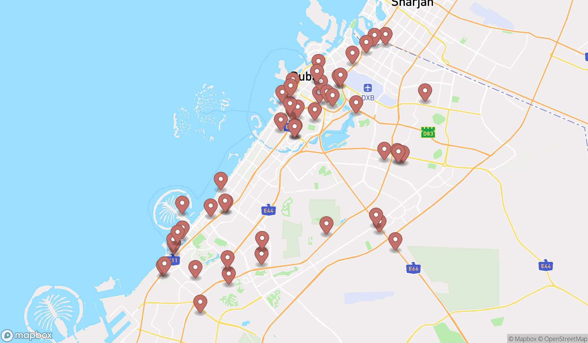 Map showing the search results in Dubai