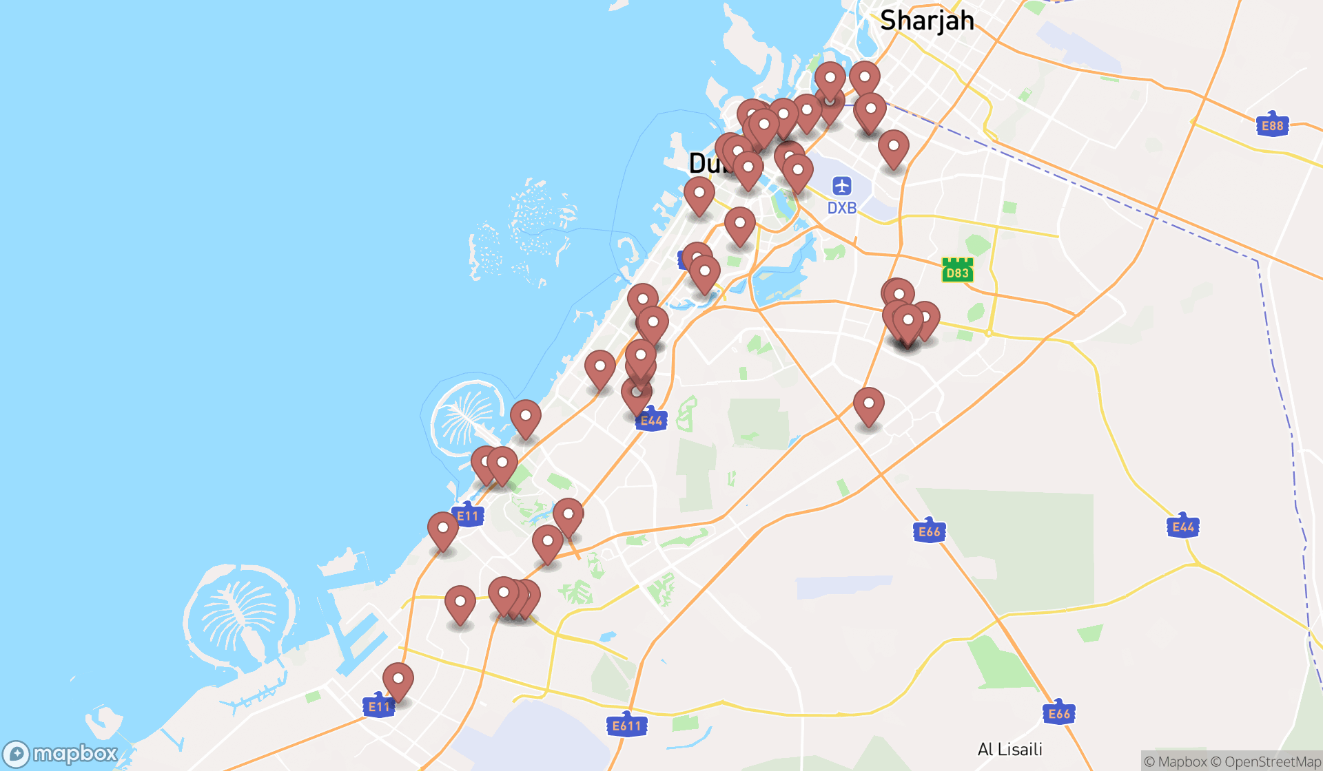 Map showing the search results in Dubai