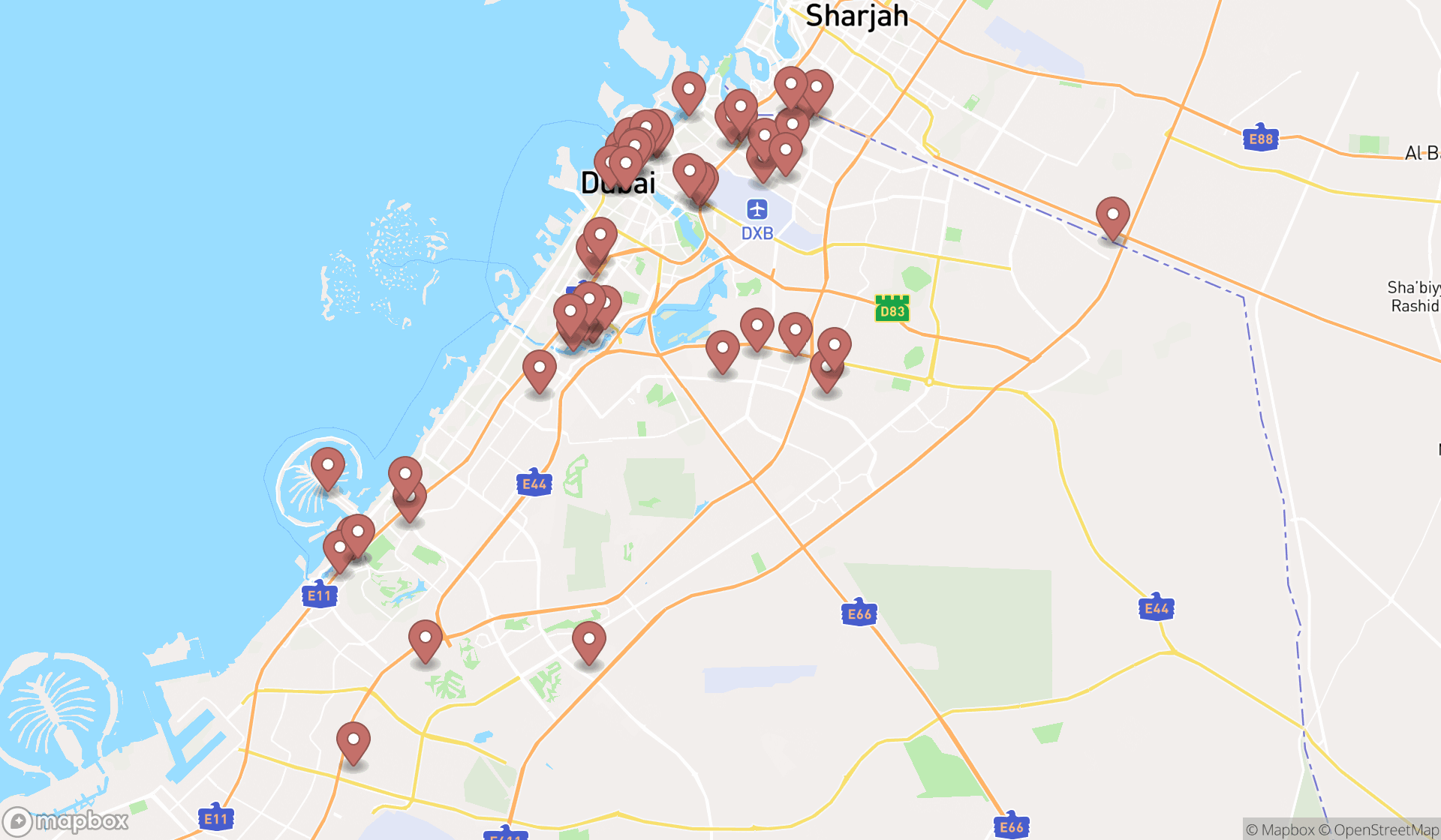 Map showing the search results in Dubai