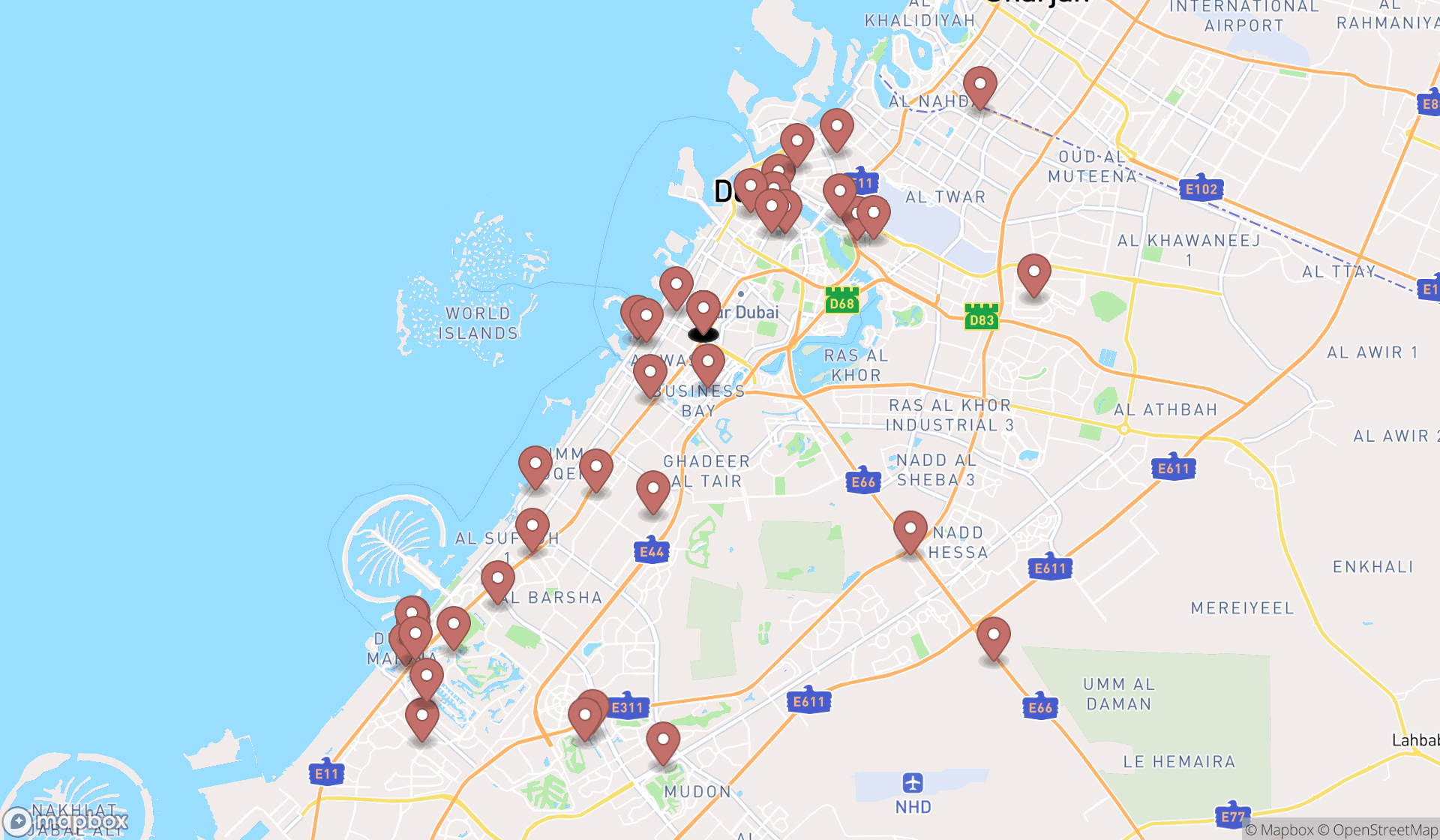 Map showing the search results in Dubai
