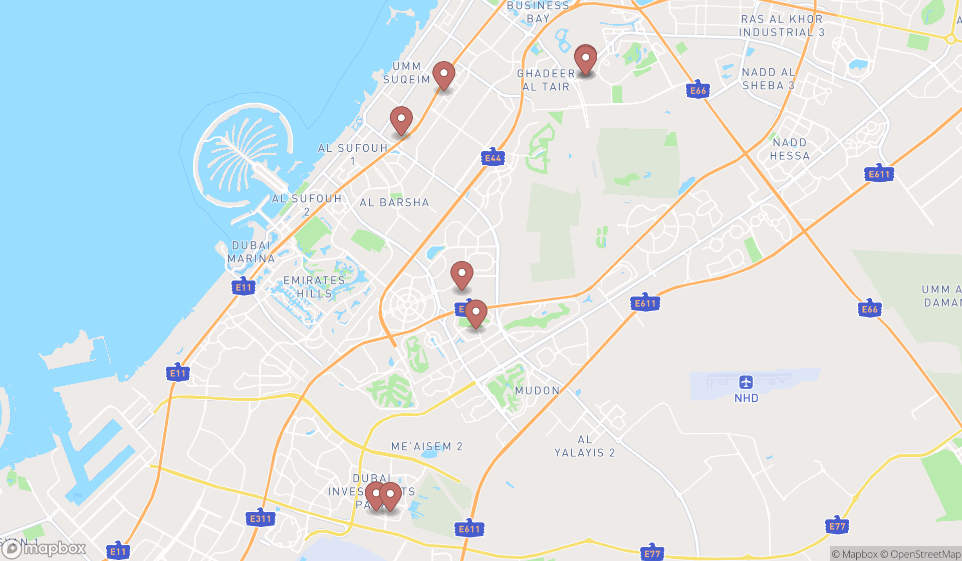 Map showing the search results in Dubai