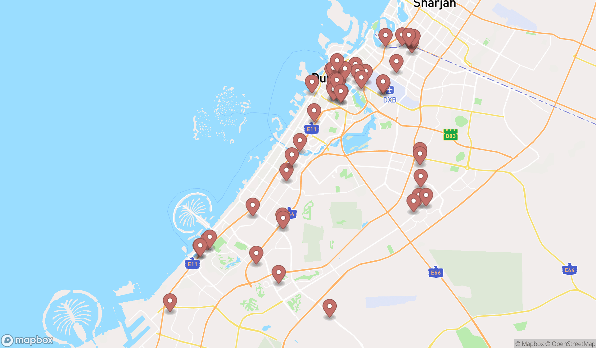 Map showing the search results in Dubai