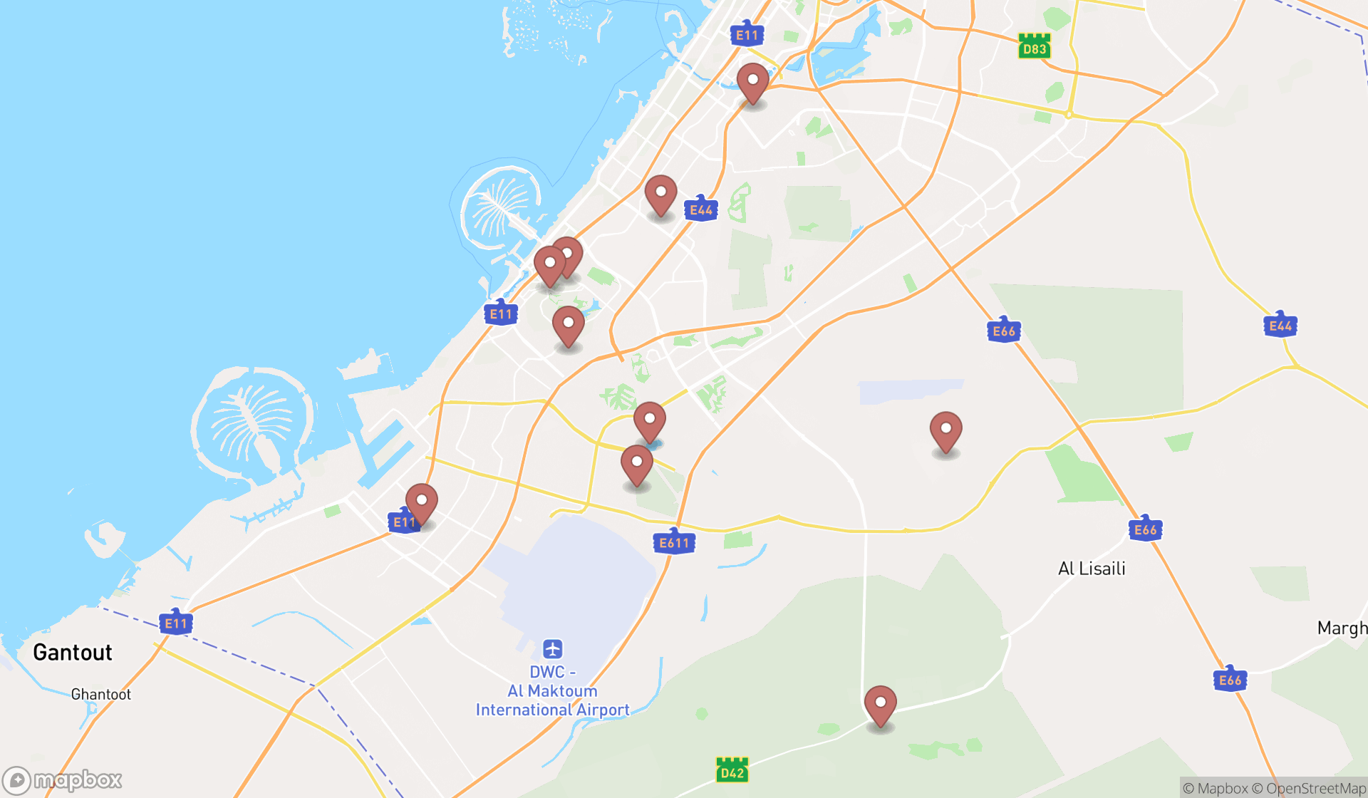 Map showing the search results in Dubai