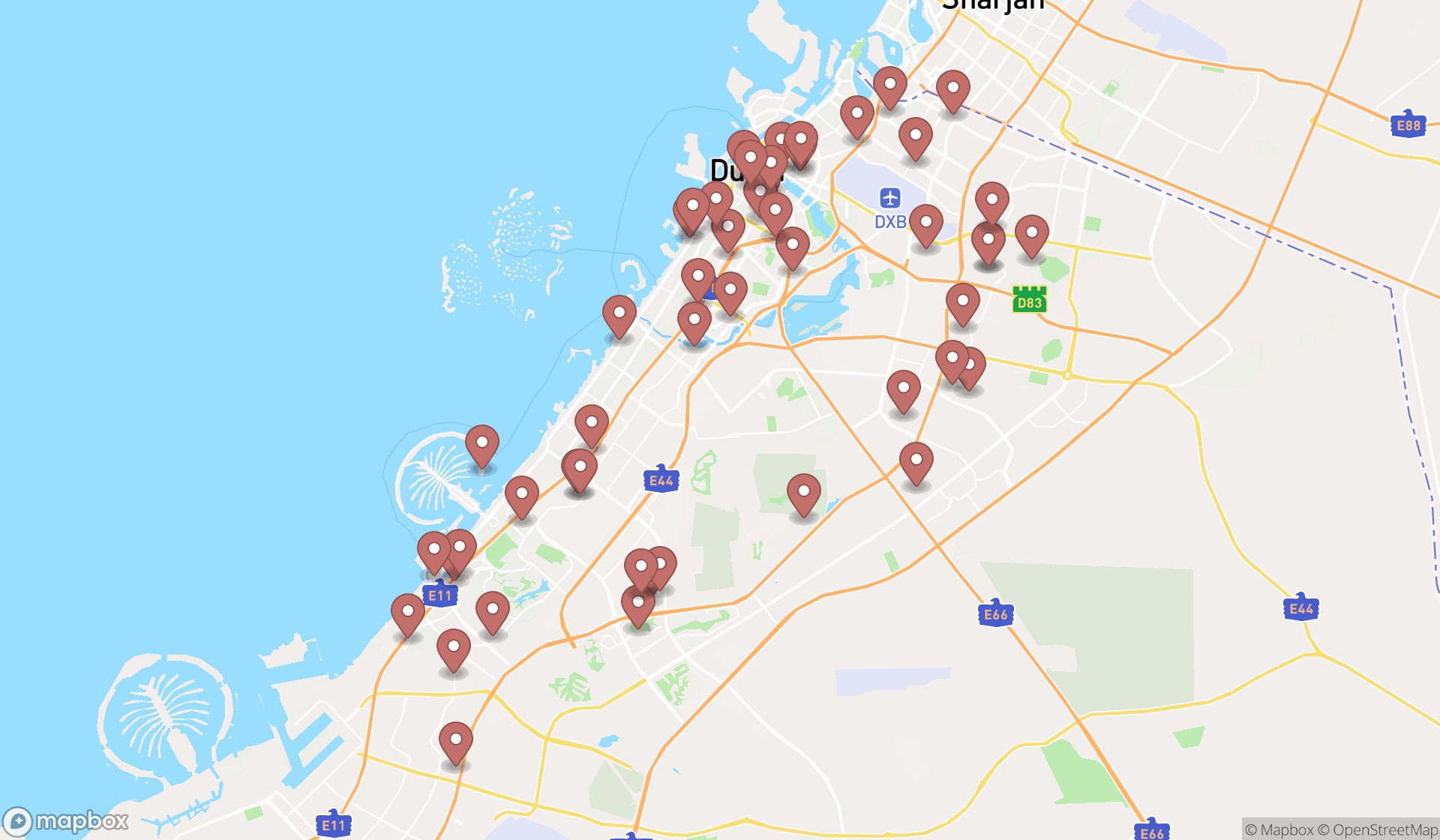 Map showing the search results in Dubai