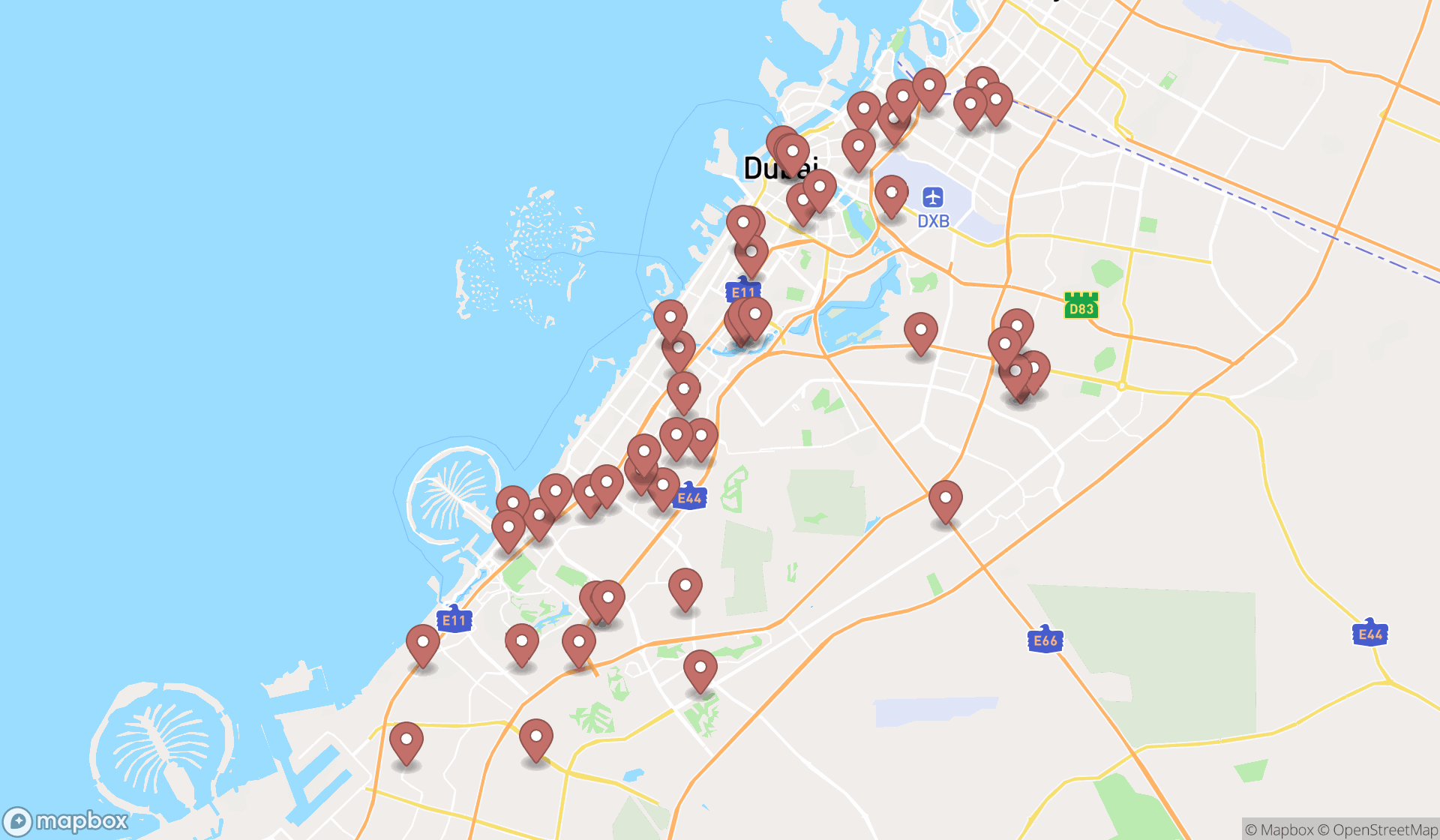 Map showing the search results in Dubai