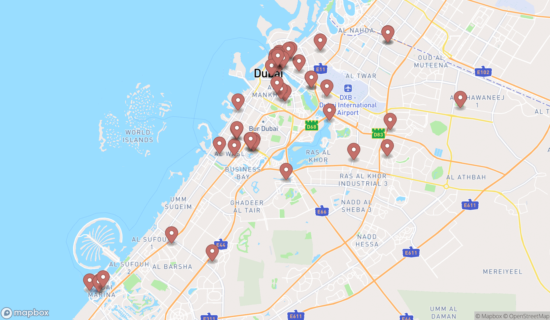 Map showing the search results in Dubai